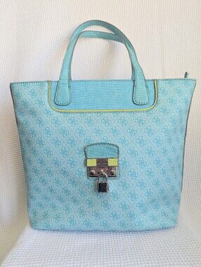 Guess Aqua Logo Tote with Lime Accents